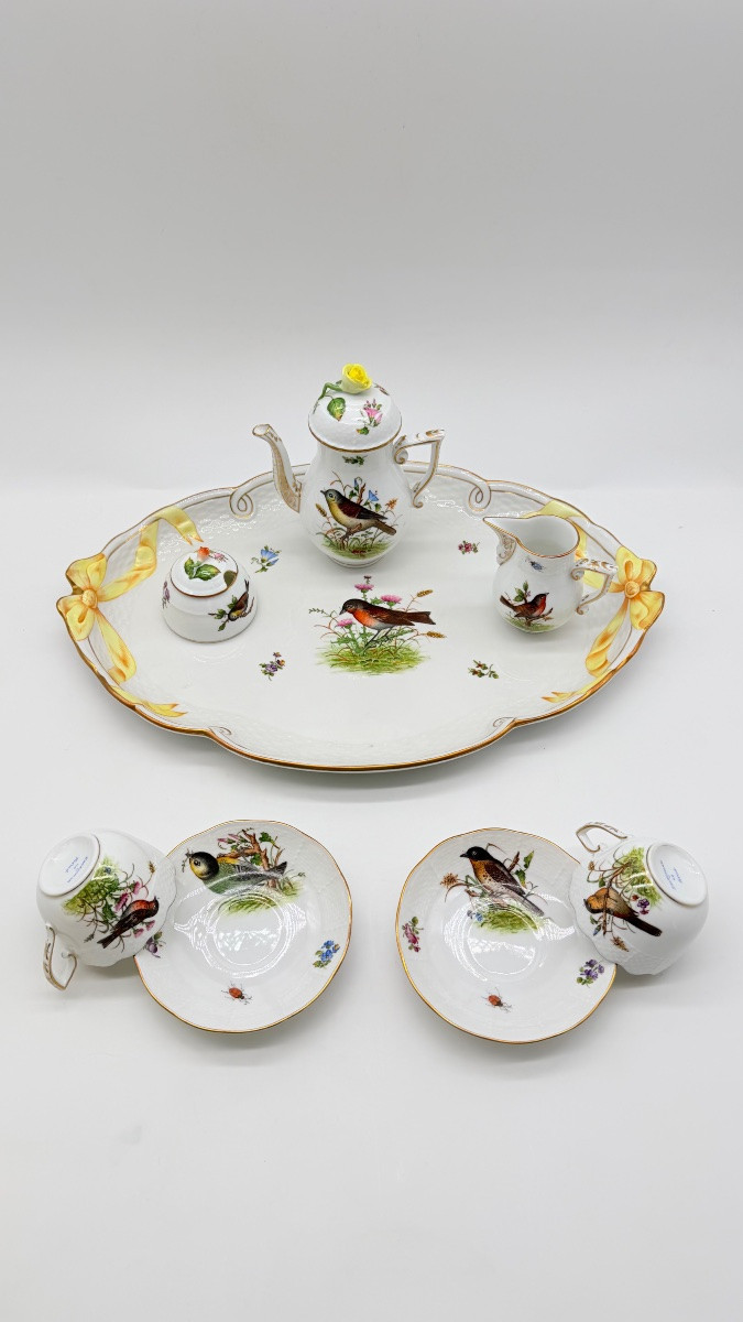 Servizio da caffè Herend Rotchild “Tête-à-Tête” con vassoio, per due persone, bordato d'oro-photo-3