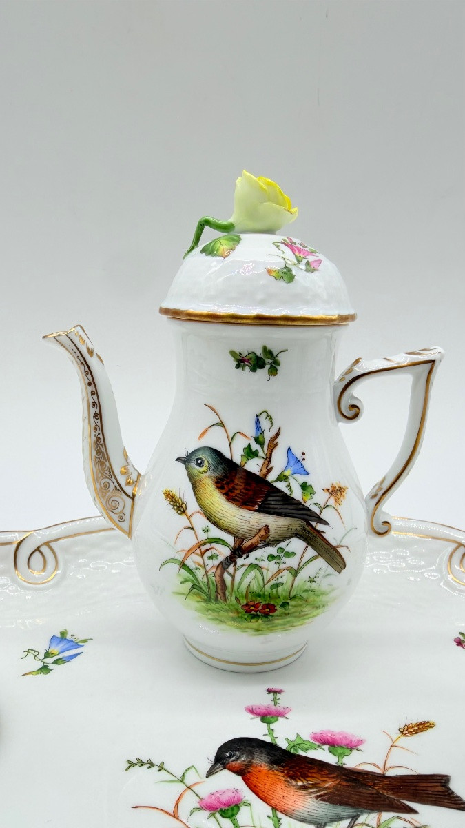 Servizio da caffè Herend Rotchild “Tête-à-Tête” con vassoio, per due persone, bordato d'oro-photo-4