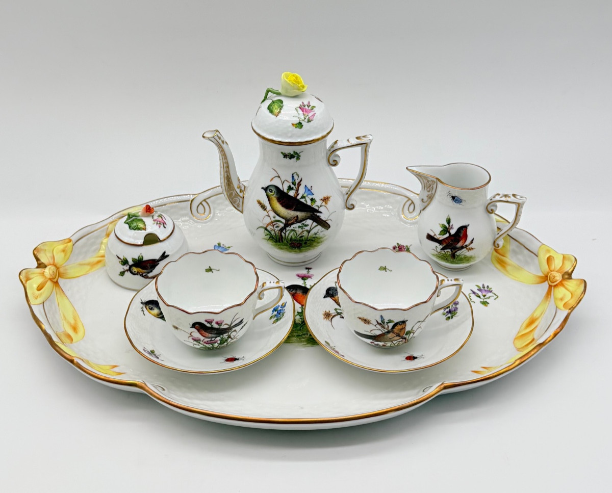 Servizio da caffè Herend Rotchild “Tête-à-Tête” con vassoio, per due persone, bordato d'oro