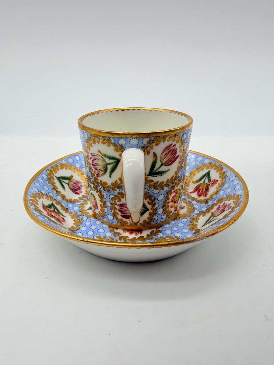 Porcellana di Sèvres Tazza e piattino con decorazione policroma a tulipani, XVIII secolo-photo-3