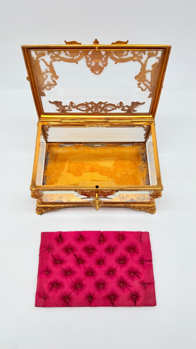Portagioie in vetro cristallo con decorazioni in bronzo dorato, XIX secolo-photo-3