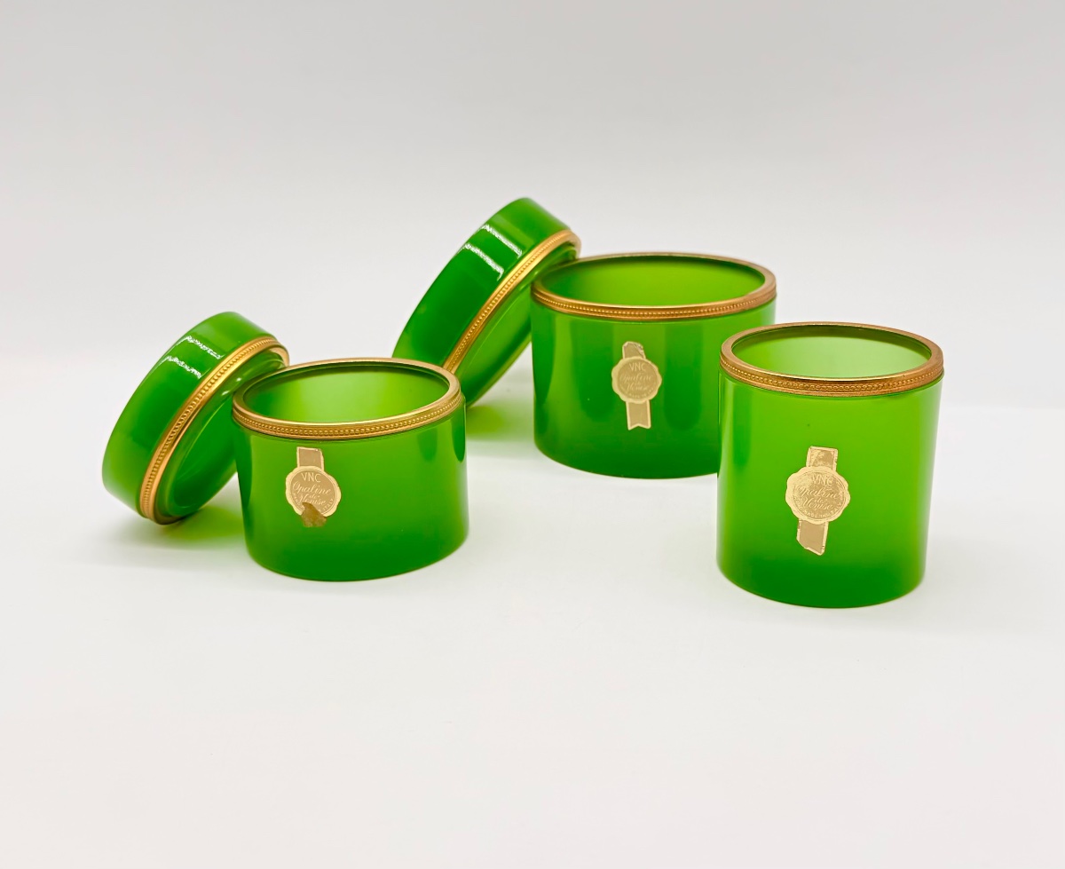 Set di 3 scatole in vetro opalino verde italiano, vetro veneziano