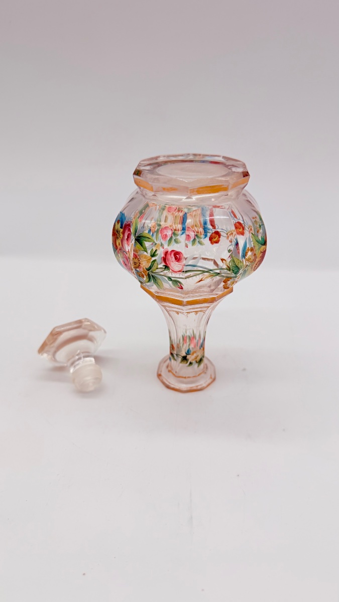 Flacone da profumo in vetro di Boemia del XIX secolo, decorazione floreale in smalto -photo-5