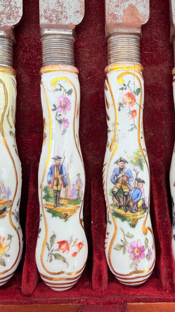 Meissen SET DI DODICI COLTELLI CON MANICI IN PORCELLANA-photo-3