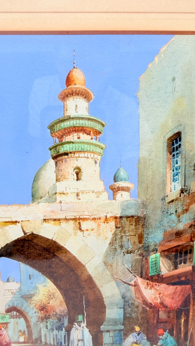 Acquerello orientalista raffigurante una scena di strada in Algeria, di Cyril Hardy-photo-4