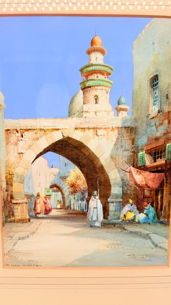 Acquerello orientalista raffigurante una scena di strada in Algeria, di Cyril Hardy-photo-2
