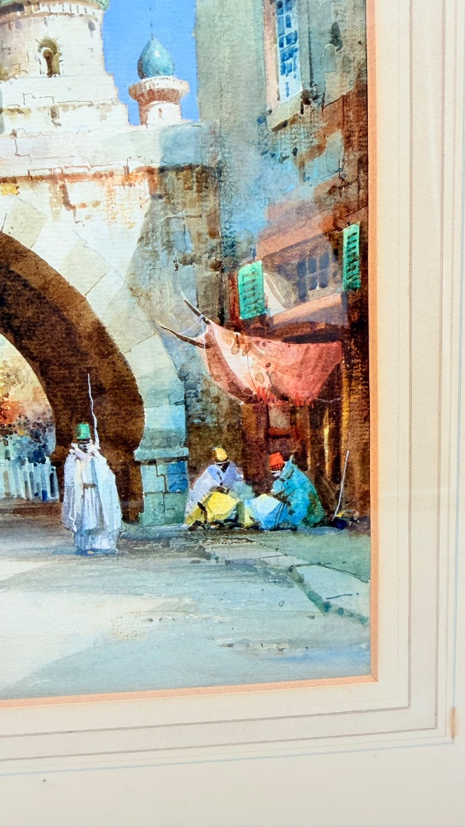 Acquerello orientalista raffigurante una scena di strada in Algeria, di Cyril Hardy-photo-7