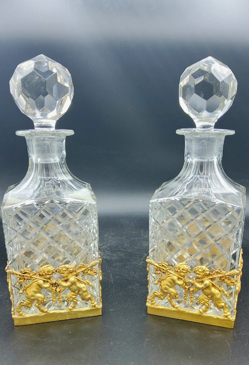 Paire De Carafes Baccarat En Cristal Taillé Ormolu Français Whisky Et Cognac-photo-2
