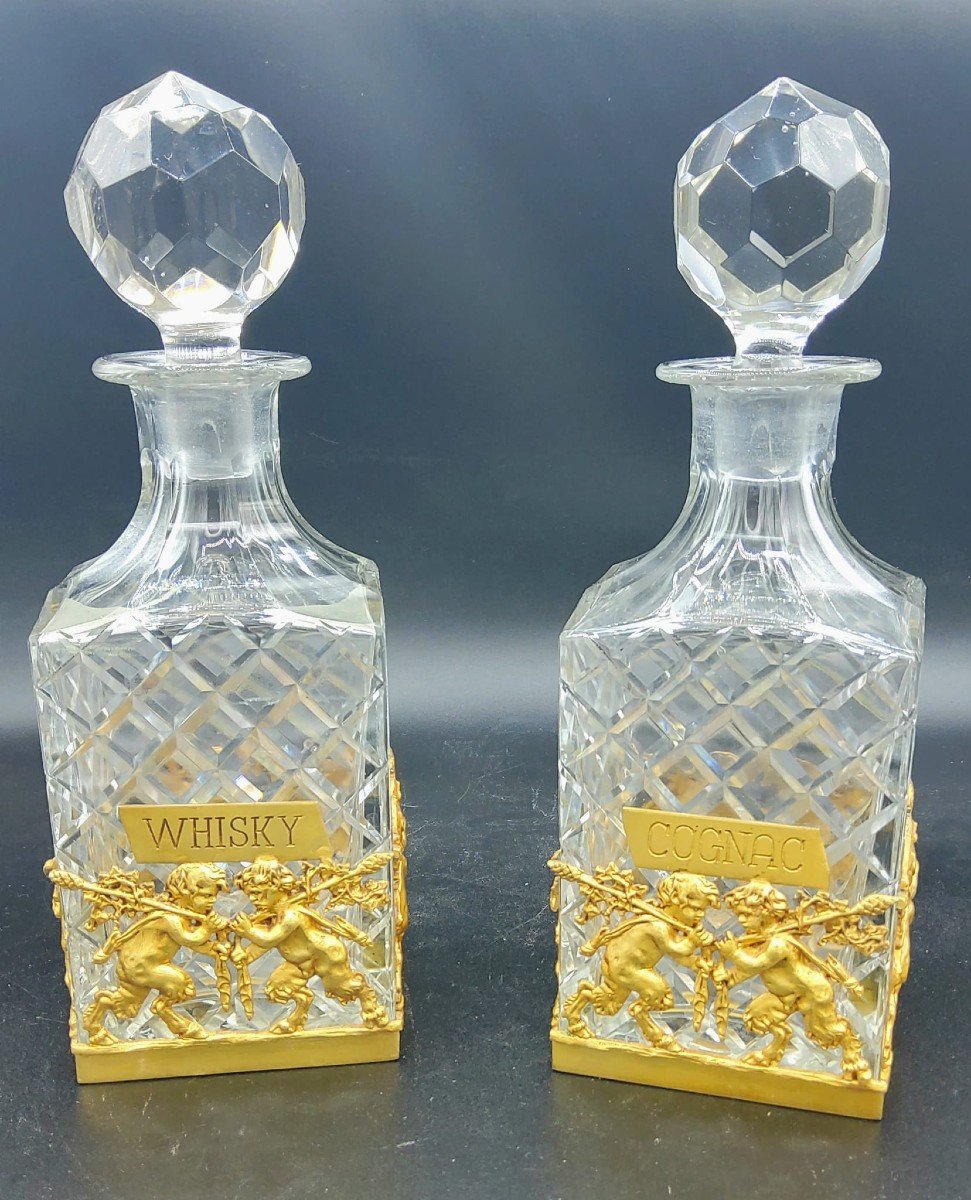 Paire De Carafes Baccarat En Cristal Taillé Ormolu Français Whisky Et Cognac-photo-7