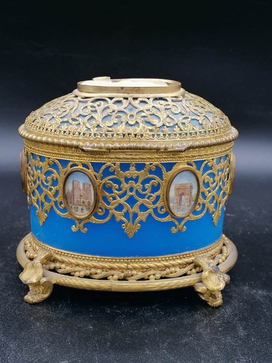 Exclusif Grand Coffret/boîte En Verre Opalin Bleu Avec Des Miniatures De Paris/palais-royal-photo-2