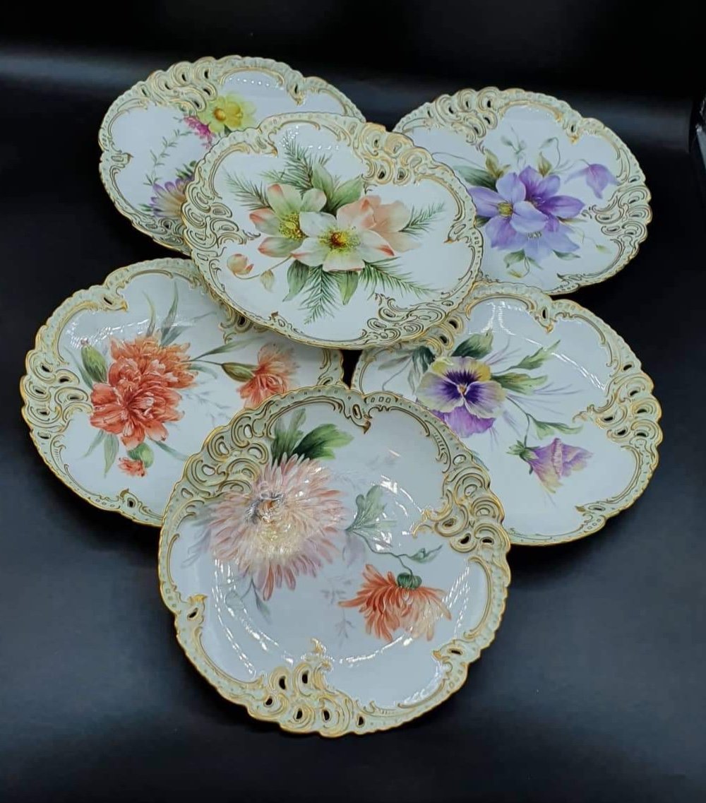 Assiettes En Porcelaine De Nymphenburg Peinte A La Main, Lot De 6