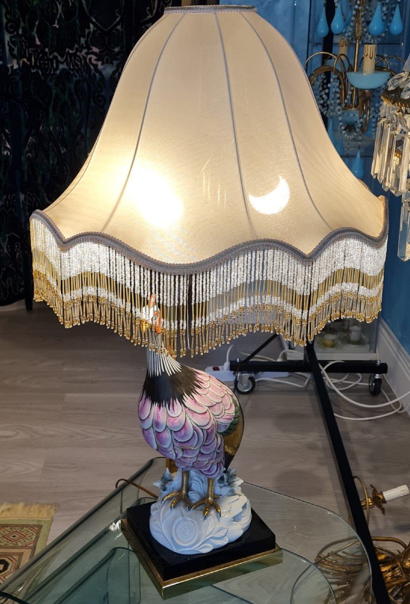 Somptueuse Lampe En Porcelaine Fabriquée En Italie Dans Les Années 60 En Forme De Paon-photo-5