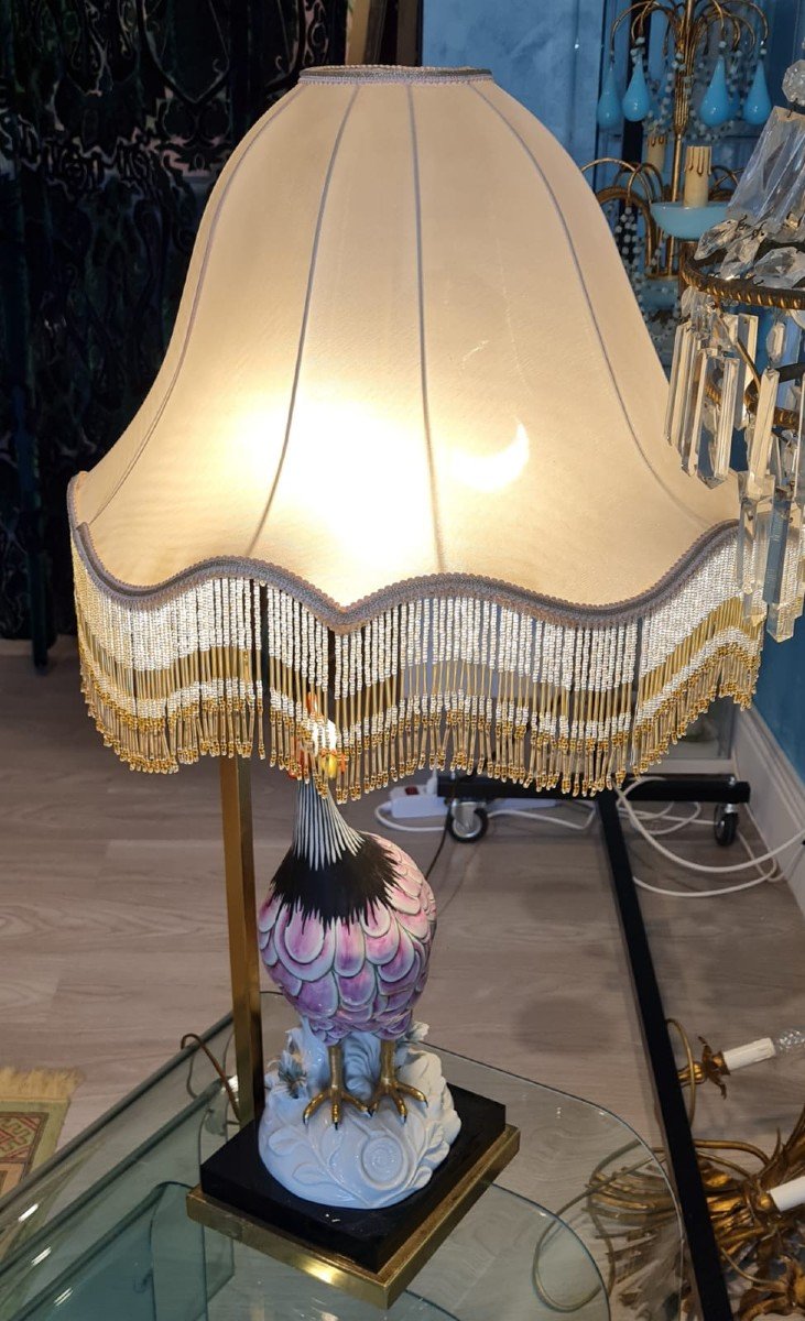 Somptueuse Lampe En Porcelaine Fabriquée En Italie Dans Les Années 60 En Forme De Paon-photo-6