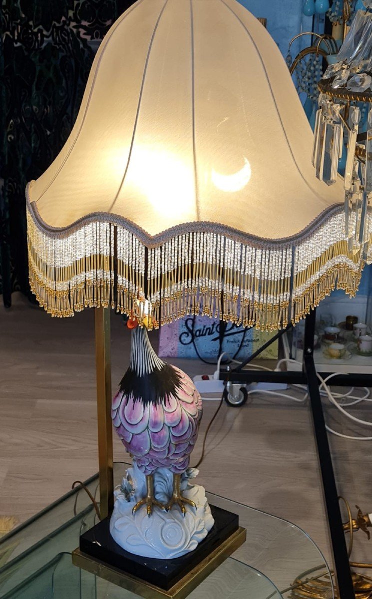 Somptueuse Lampe En Porcelaine Fabriquée En Italie Dans Les Années 60 En Forme De Paon-photo-7