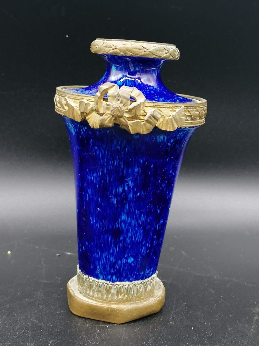 Petit Vase Antique De Sevres De Couleur Bleu Royal Profond, Montage Métal-photo-2