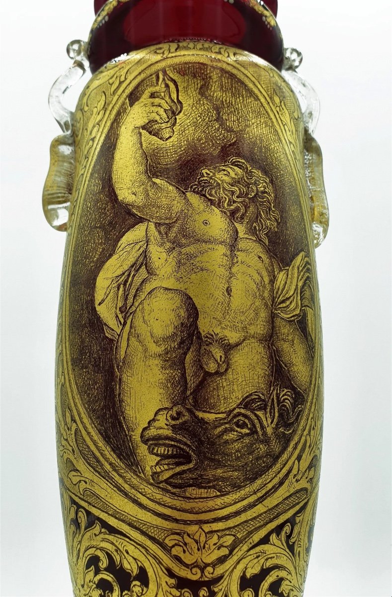 Antique Vase/amphore En Verre Vénitien, Décor Doré Double Face. Neptune par G.B. Ponchino-photo-4