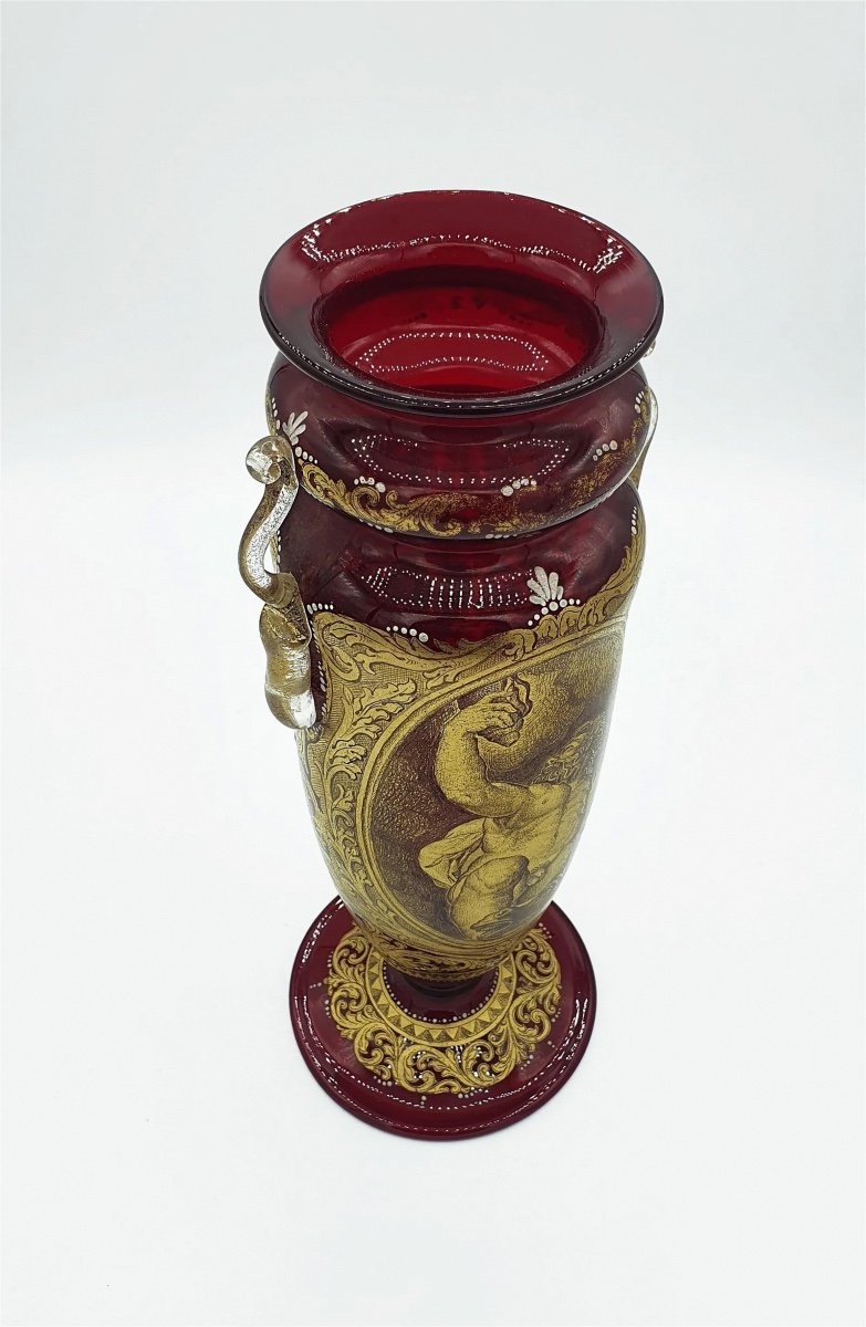 Antique Vase/amphore En Verre Vénitien, Décor Doré Double Face. Neptune par G.B. Ponchino-photo-2