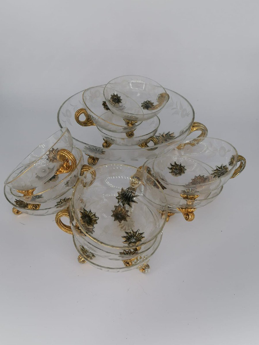 Ensemble de verre vénitien antique/bonbons gravés avec des fleurs serti de verre à la dorure-photo-2