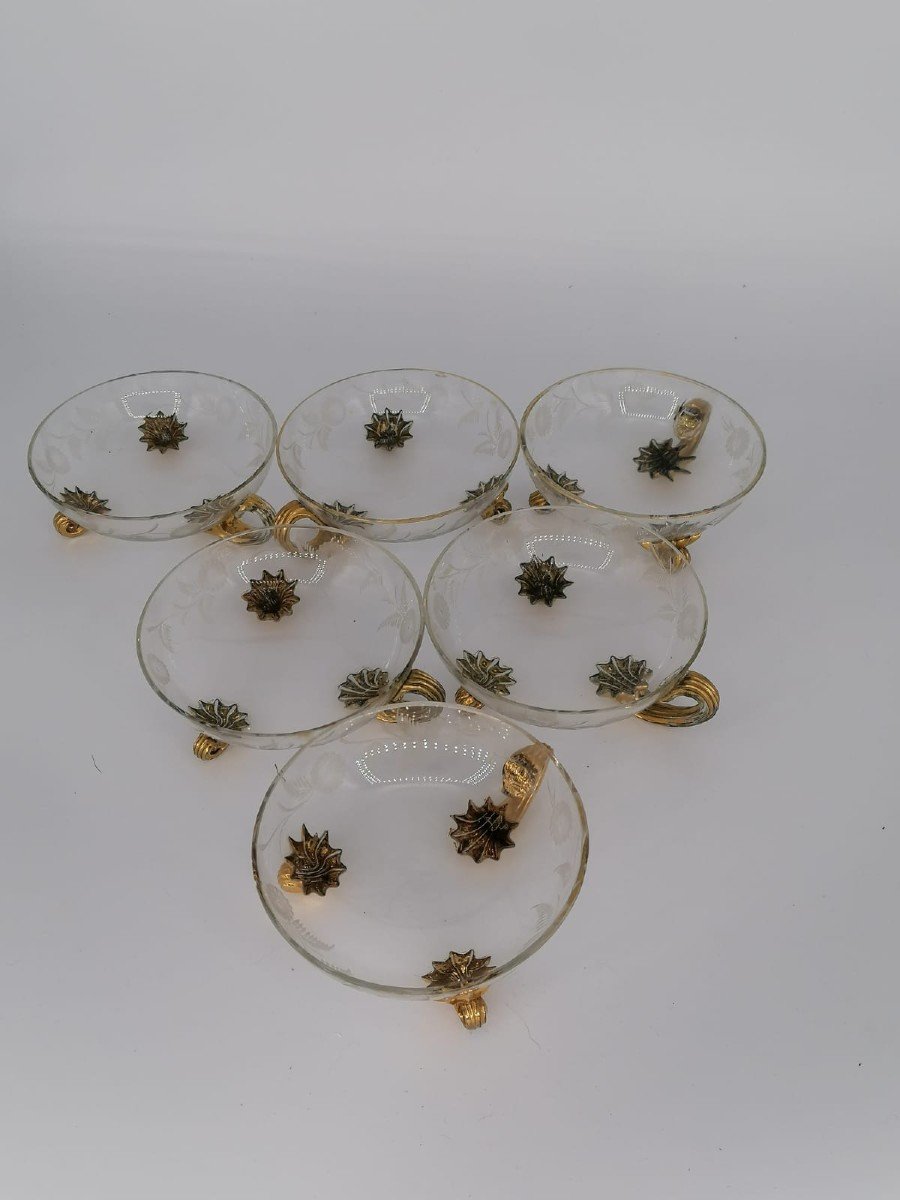 Ensemble de verre vénitien antique/bonbons gravés avec des fleurs serti de verre à la dorure-photo-3