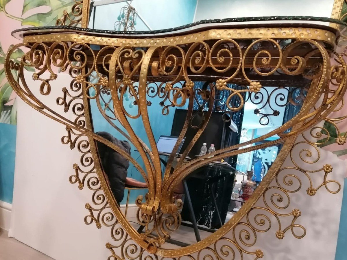 Miroir Antique Français En Verre Doré Avec Consolle, Très Grand-photo-4