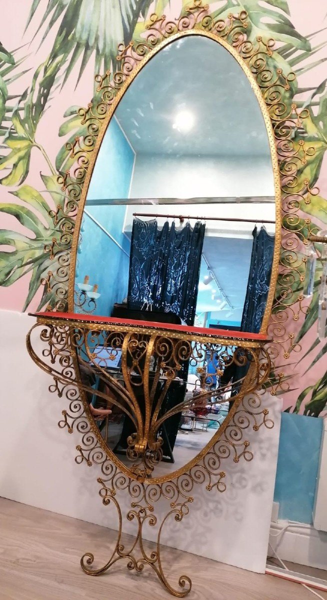 Miroir Antique Français En Verre Doré Avec Consolle, Très Grand