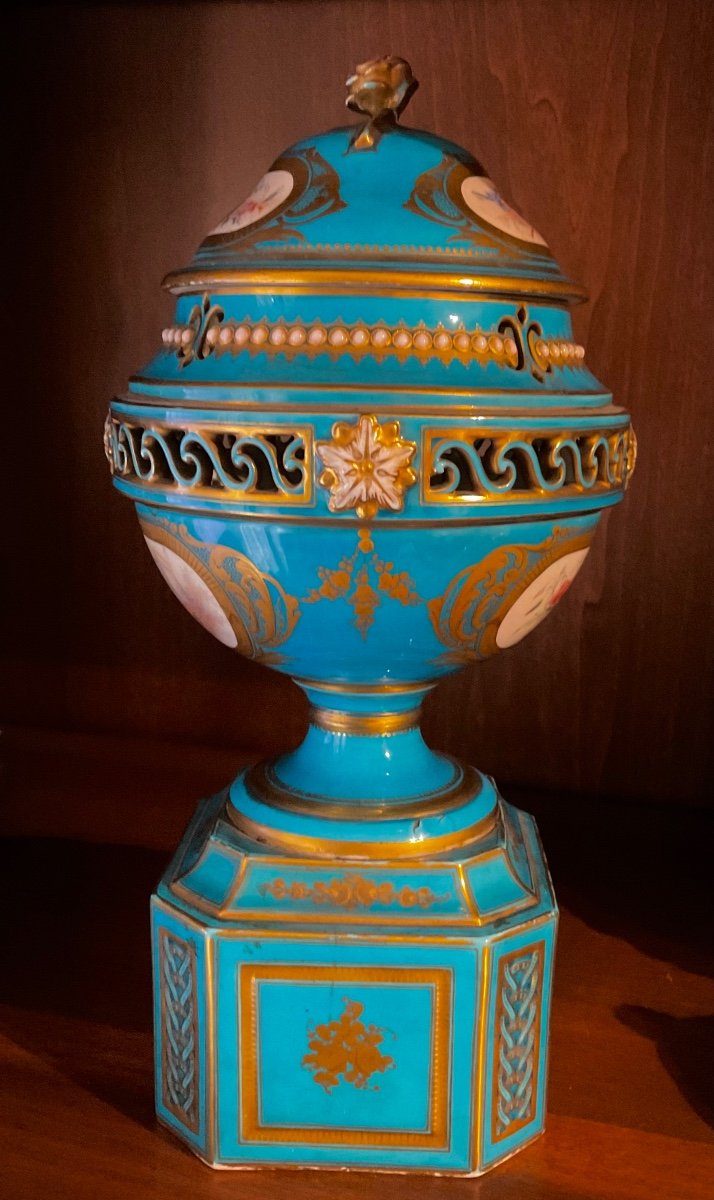 Pot-pourri Bleu Céleste En Porcelaine De Sèvres, Grand Ornement Réticulé, Peint-photo-2