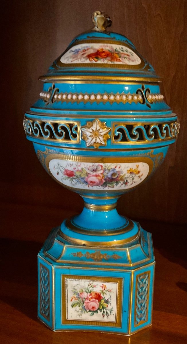 Pot-pourri Bleu Céleste En Porcelaine De Sèvres, Grand Ornement Réticulé, Peint-photo-3