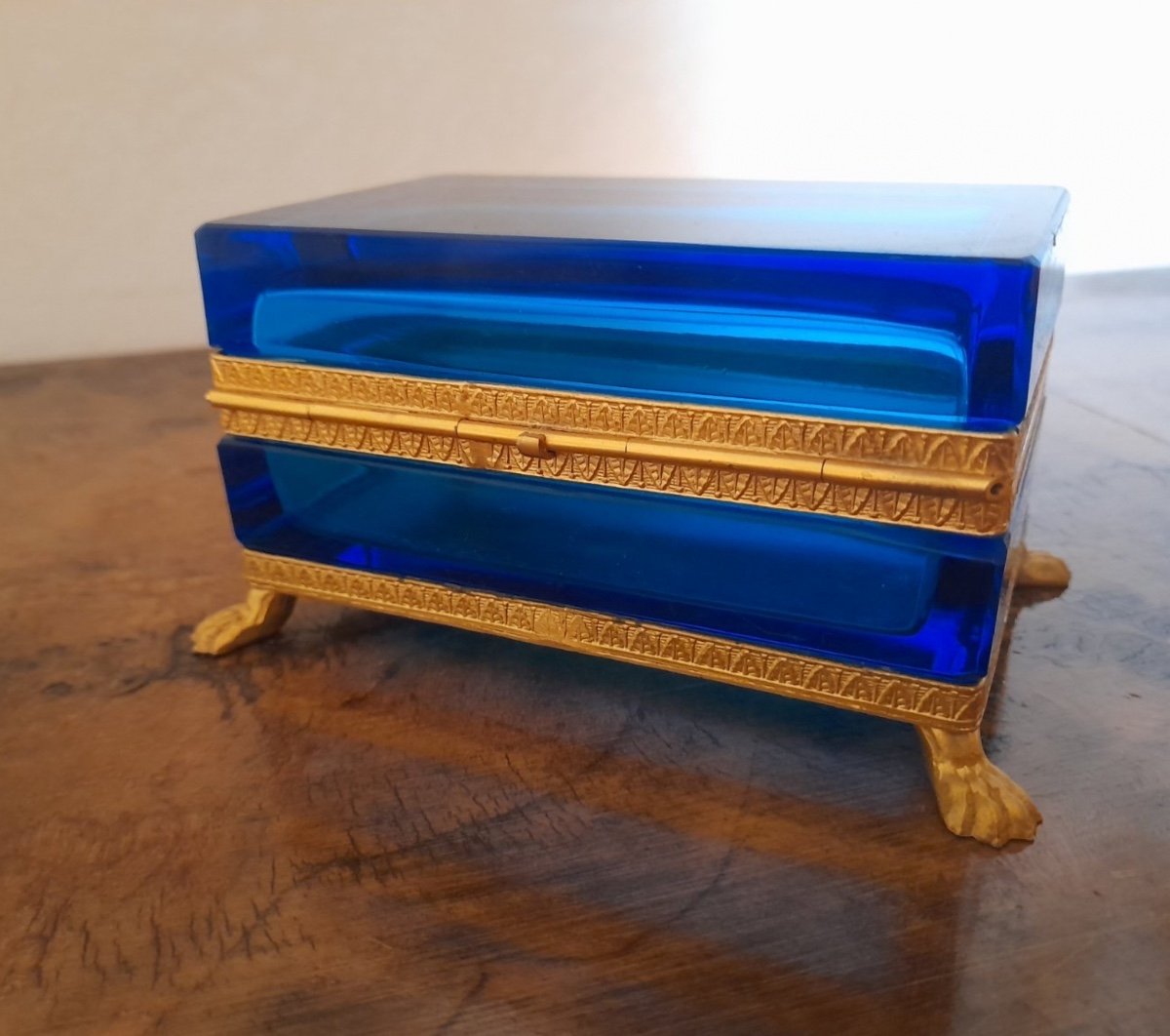 Ancien Coffret En Verre Moser Bronze Doré Monté Sur Pieds, Coffret En Verre Bohème-photo-3