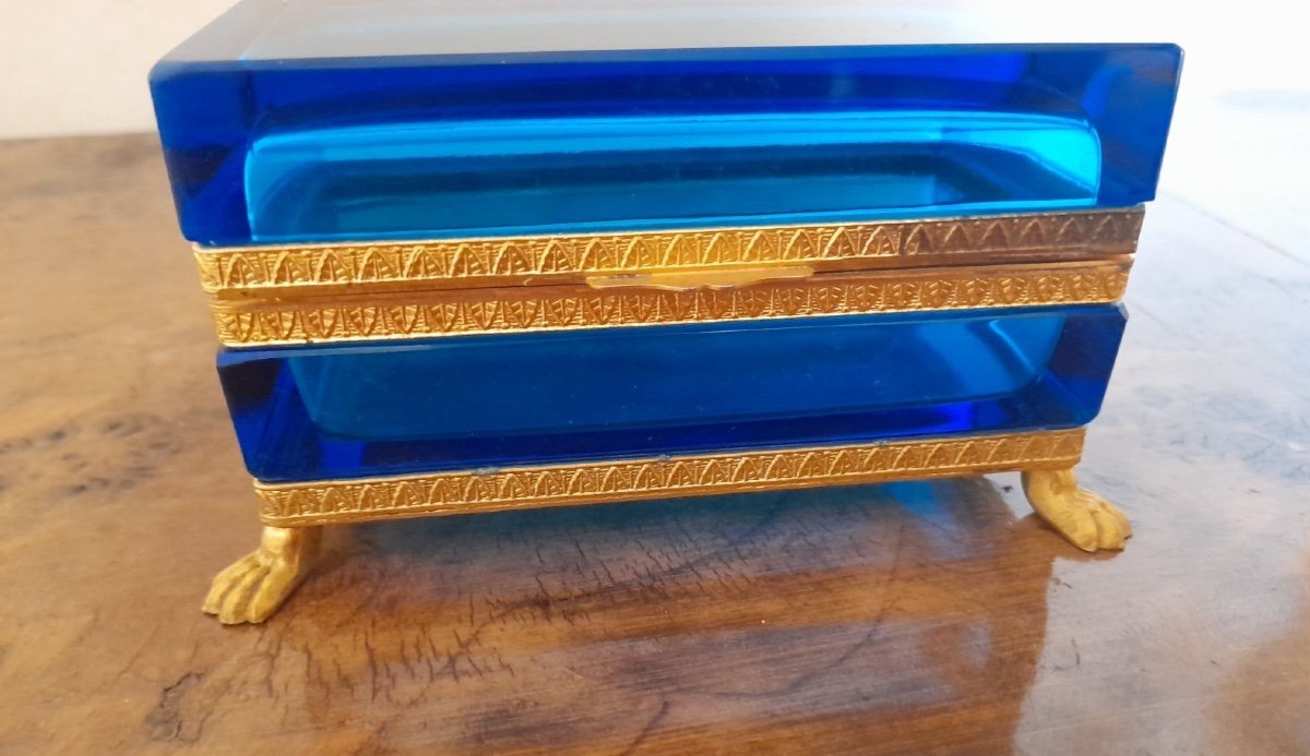 Ancien Coffret En Verre Moser Bronze Doré Monté Sur Pieds, Coffret En Verre Bohème-photo-4