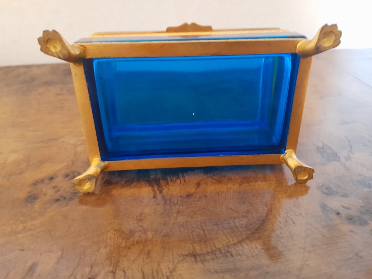 Ancien Coffret En Verre Moser Bronze Doré Monté Sur Pieds, Coffret En Verre Bohème-photo-4
