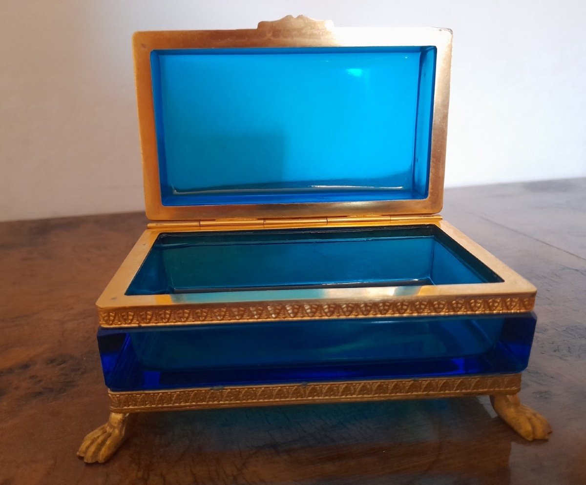 Ancien Coffret En Verre Moser Bronze Doré Monté Sur Pieds, Coffret En Verre Bohème-photo-5