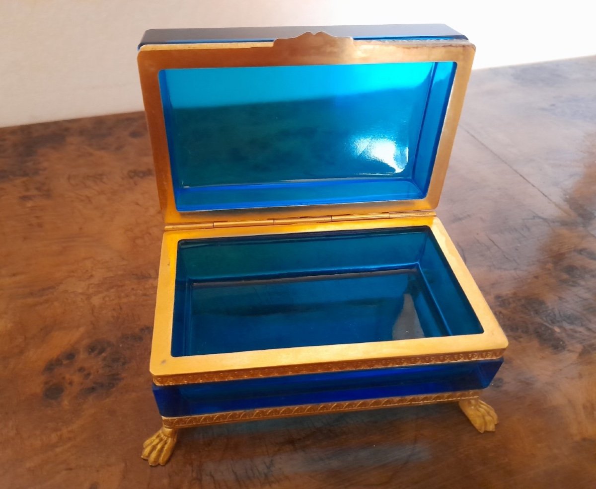Ancien Coffret En Verre Moser Bronze Doré Monté Sur Pieds, Coffret En Verre Bohème-photo-6