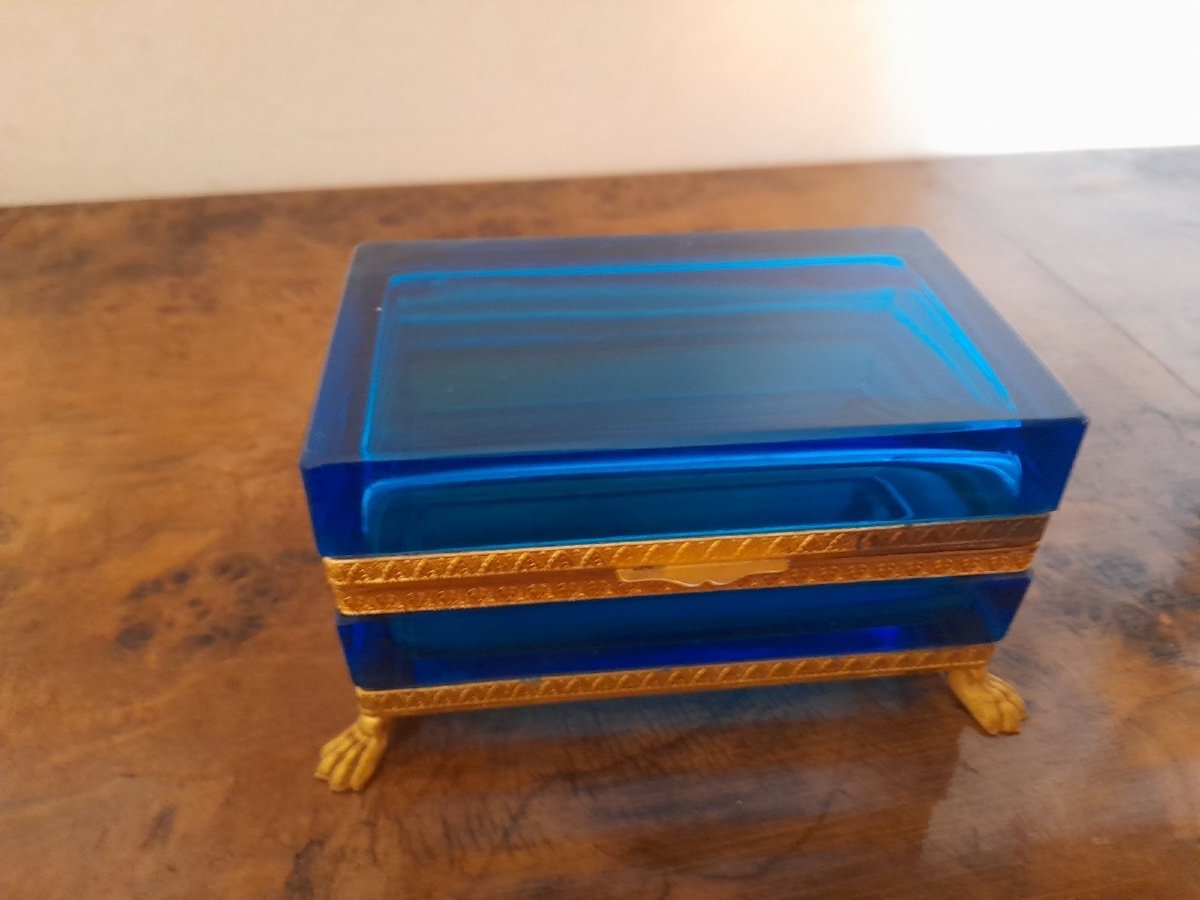 Ancien Coffret En Verre Moser Bronze Doré Monté Sur Pieds, Coffret En Verre Bohème-photo-7