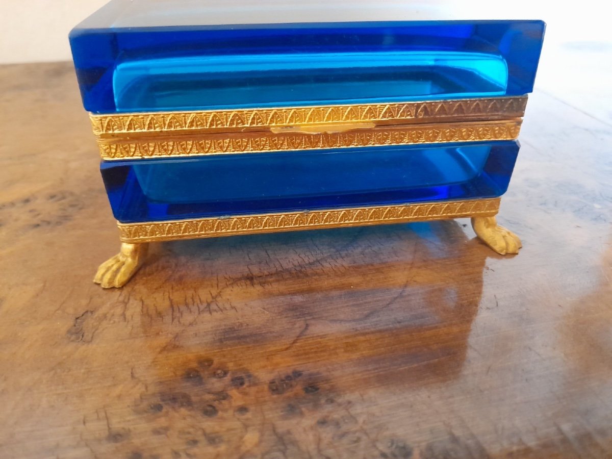 Ancien Coffret En Verre Moser Bronze Doré Monté Sur Pieds, Coffret En Verre Bohème-photo-8