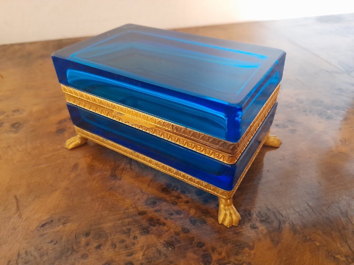 Ancien Coffret En Verre Moser Bronze Doré Monté Sur Pieds, Coffret En Verre Bohème