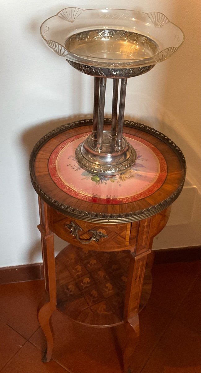 Centre De Table Ancien En Métal Argenté Avec Bol En Verre-photo-4