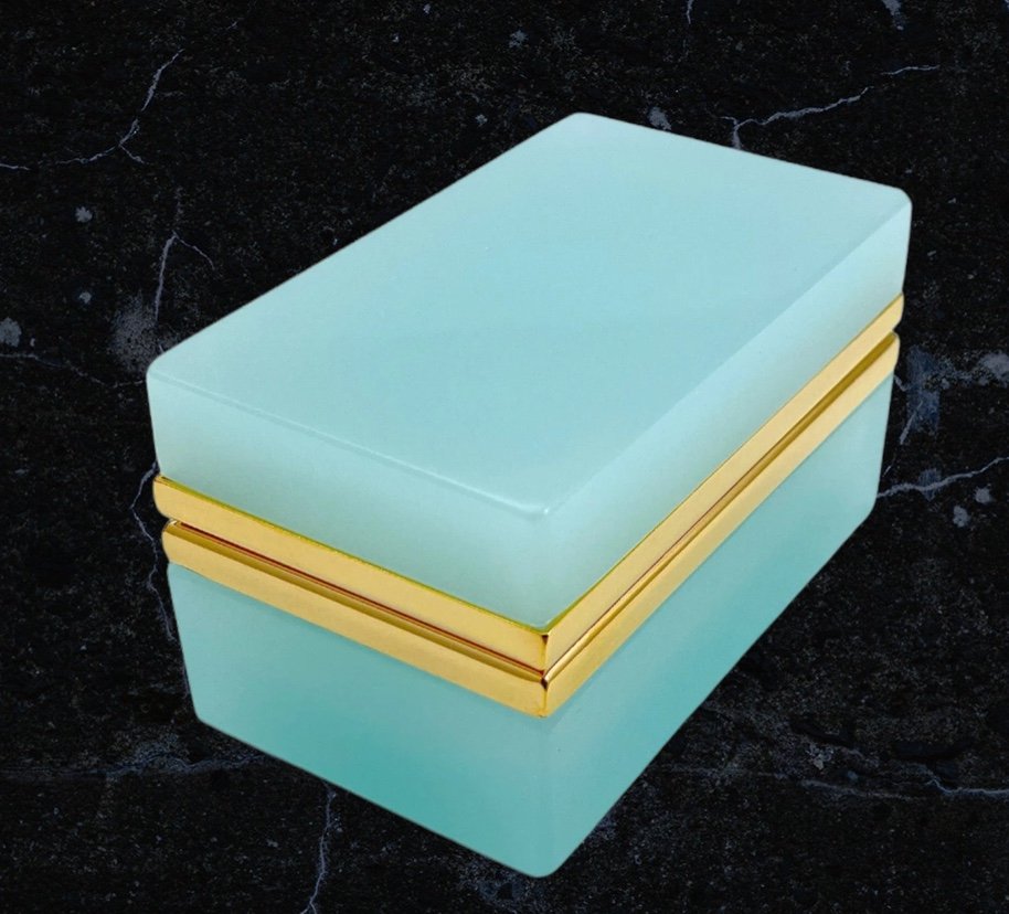 Boîte De Coffret Rectangulaire Antique En Verre Opaline Bleu Pâle De Murano Avec Dore-photo-3