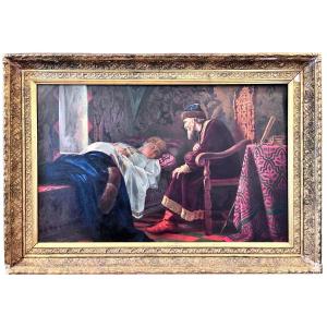 Ancien Tableau Russe Huile Sur Toile, Le Tsar Ivan Le Terrible Admirant Vasilisa Melentyeva