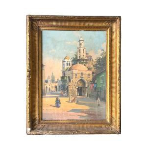 La Peinture Orientaliste Antique Dépeint La Vue Carrée Avec La Mosquée Et Les Personnes