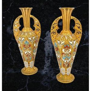 Paire De Vases Alhambra En Bronze émail Champlevé, Par Emile Philippe