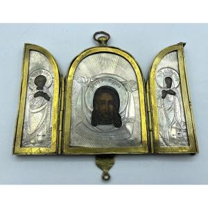 Trittico d'argento russo del XIX secolo Icona da viaggio Sant'Alessandra e San Pietro Apostolo