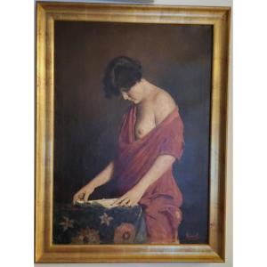 Dipinto realistico di donna, olio su tela, epoca '900