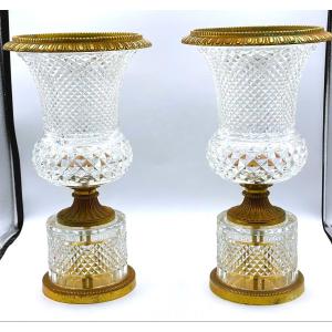 Coppia di vasi in vetro cristallo molato montati in bronzo dorato CharlesX Medici