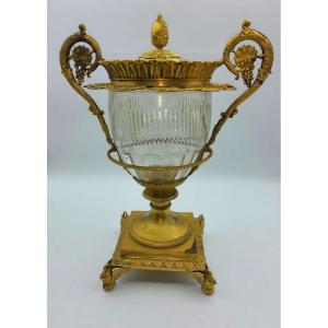 Centrotavola antico francese in argento dorato con vetro Baccarat, grande, marchiato