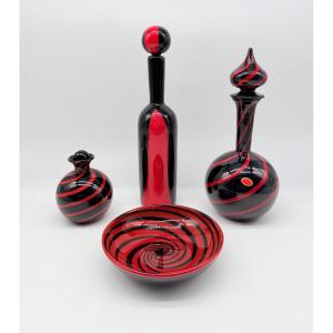 MURANO di Archimede Seguso - set in vetro artistico italiano con vortici neri e rossi, firmato