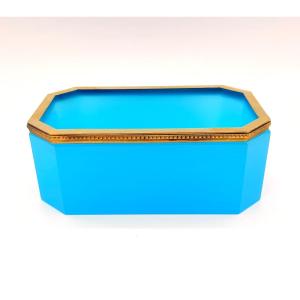 Vaso da giardino ottagonale in stile Art Déco in opalina blu francese, con struttura in metallo