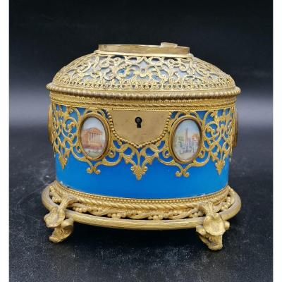 Exclusif Grand Coffret/boîte En Verre Opalin Bleu Avec Des Miniatures De Paris/palais-royal
