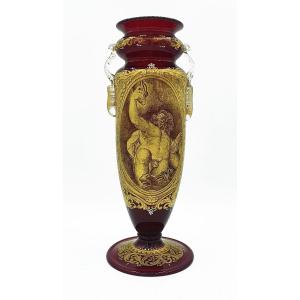 Antique Vase/amphore En Verre Vénitien, Décor Doré Double Face. Neptune par G.B. Ponchino