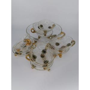 Ensemble de verre vénitien antique/bonbons gravés avec des fleurs serti de verre à la dorure