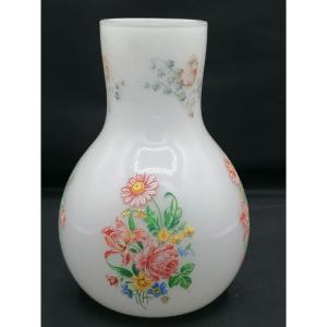 Vase Ancien En Opaline (verre à Lait) Décor émaillé Pour Marché De l'Est